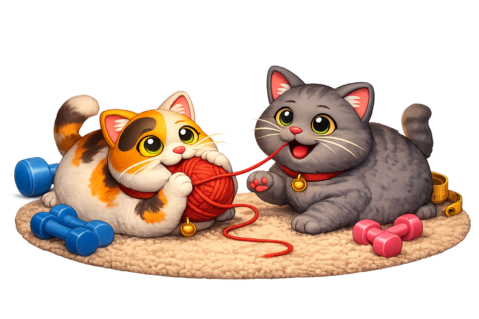 Two cats playing together with yarn and dumbbells